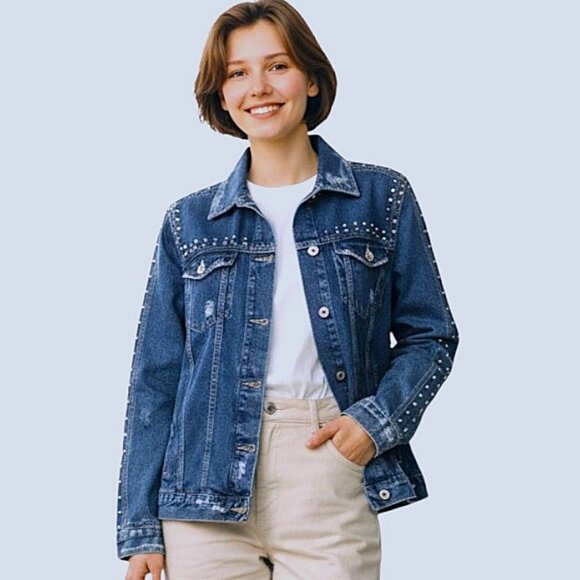 Zara Trafaluc TRF Studded Denim Jacket Distressed Medium Wash Blue Size M – Y2K - Picture 1 of 12